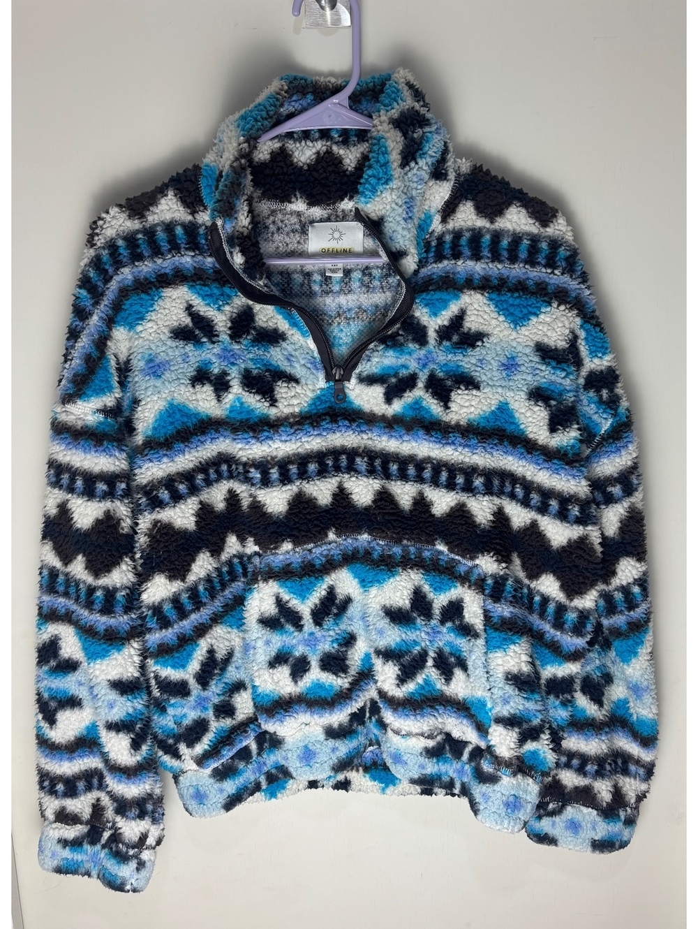 Offline by Aerie Women’s M Sherpa Quarter Zip Fair Isle Fleece Pullover Blue